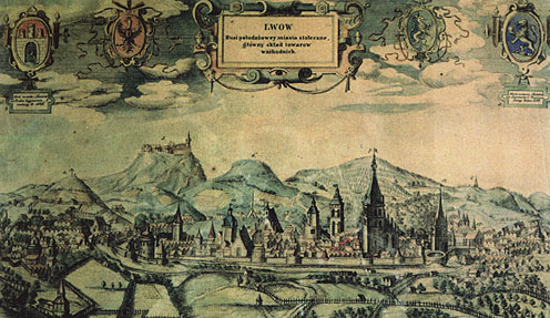 Загальний вигляд Львова. На основі гравюри А. Гогенберга за малюнком А. Пассаротті. 1613 р.